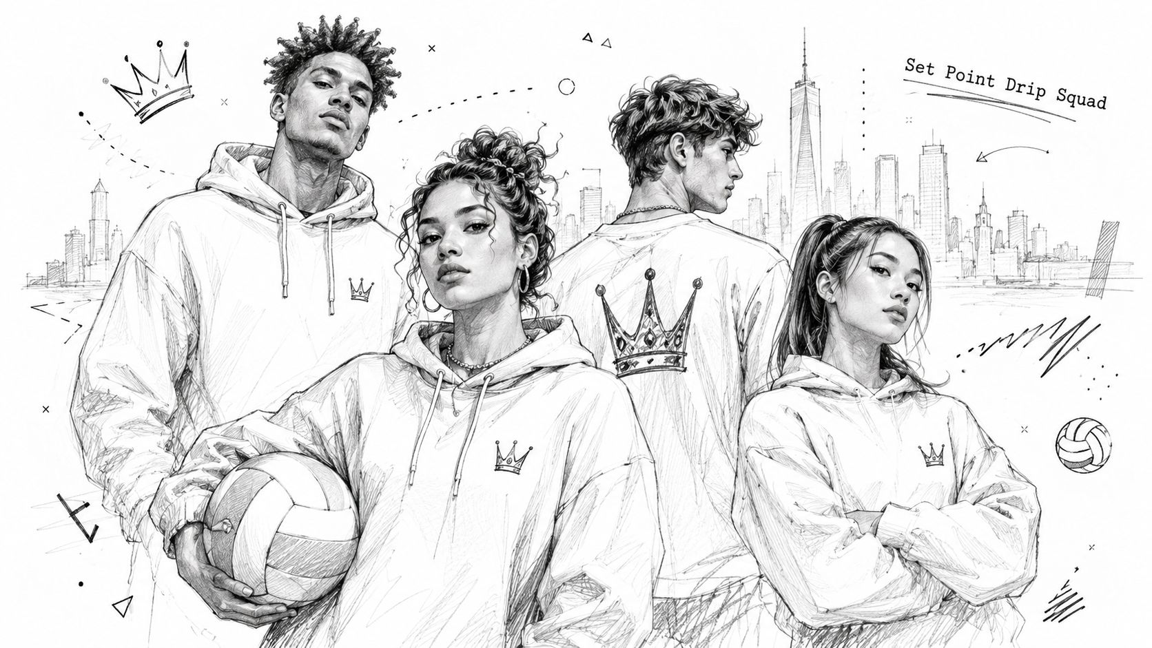 Four stylish people posing together in front of a city skyline with volleyball themed graphic apparel.