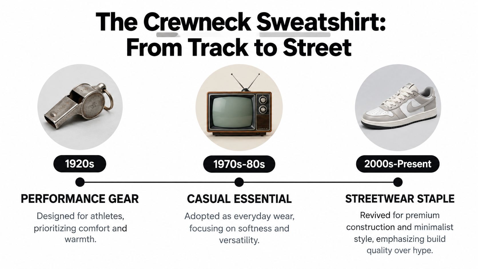A timeline graphic illustrating the evolution of the crewneck sweatshirt from athletic performance gear to streetwear staple.