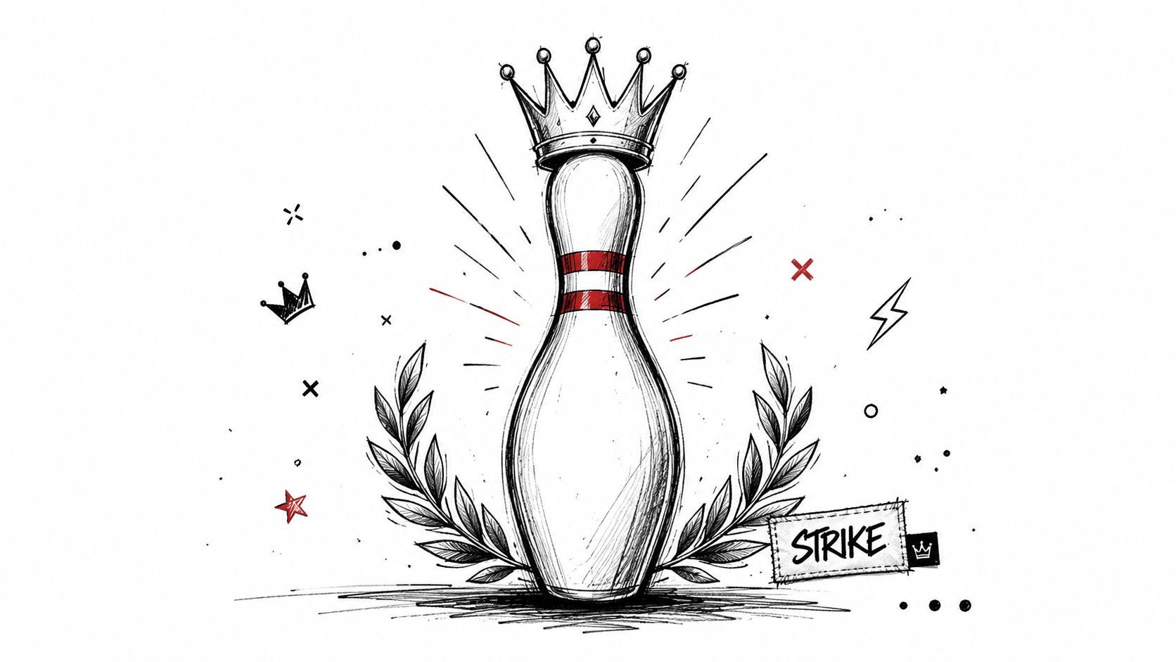 A hand-drawn illustration of a bowling pin wearing a crown surrounded by laurel leaves and stars.