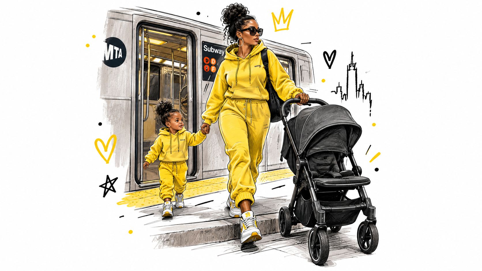 A stylish mother and her young daughter wearing matching yellow tracksuits exiting a New York City subway station.