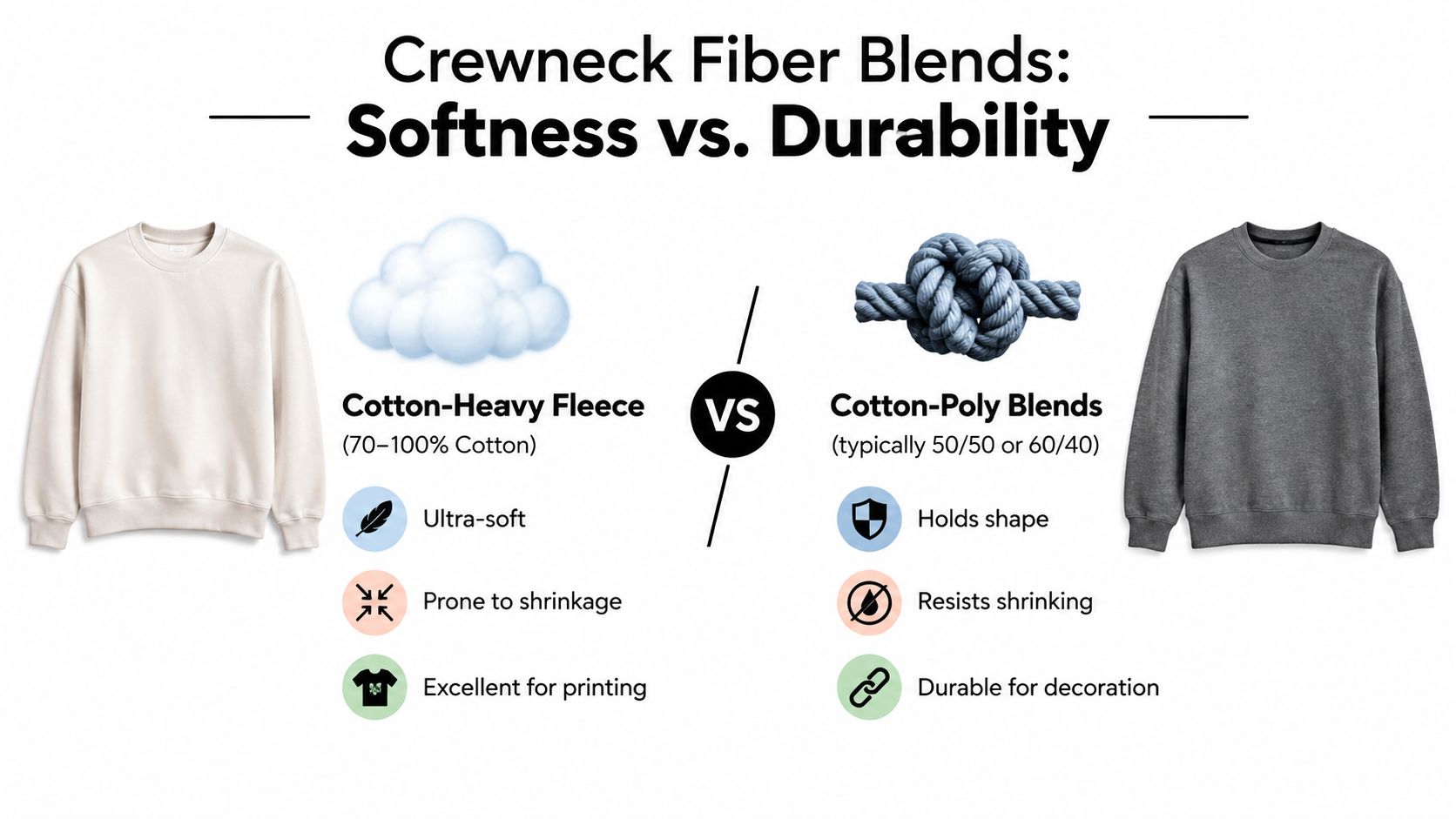 A comparison infographic between cotton-heavy fleece and cotton-poly blend crewneck sweatshirts showing softness and durability characteristics.