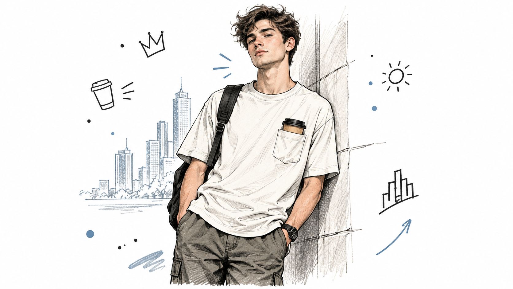 A stylish young man wearing a comfortable white pocket t-shirt leaning against a wall in an urban setting.
