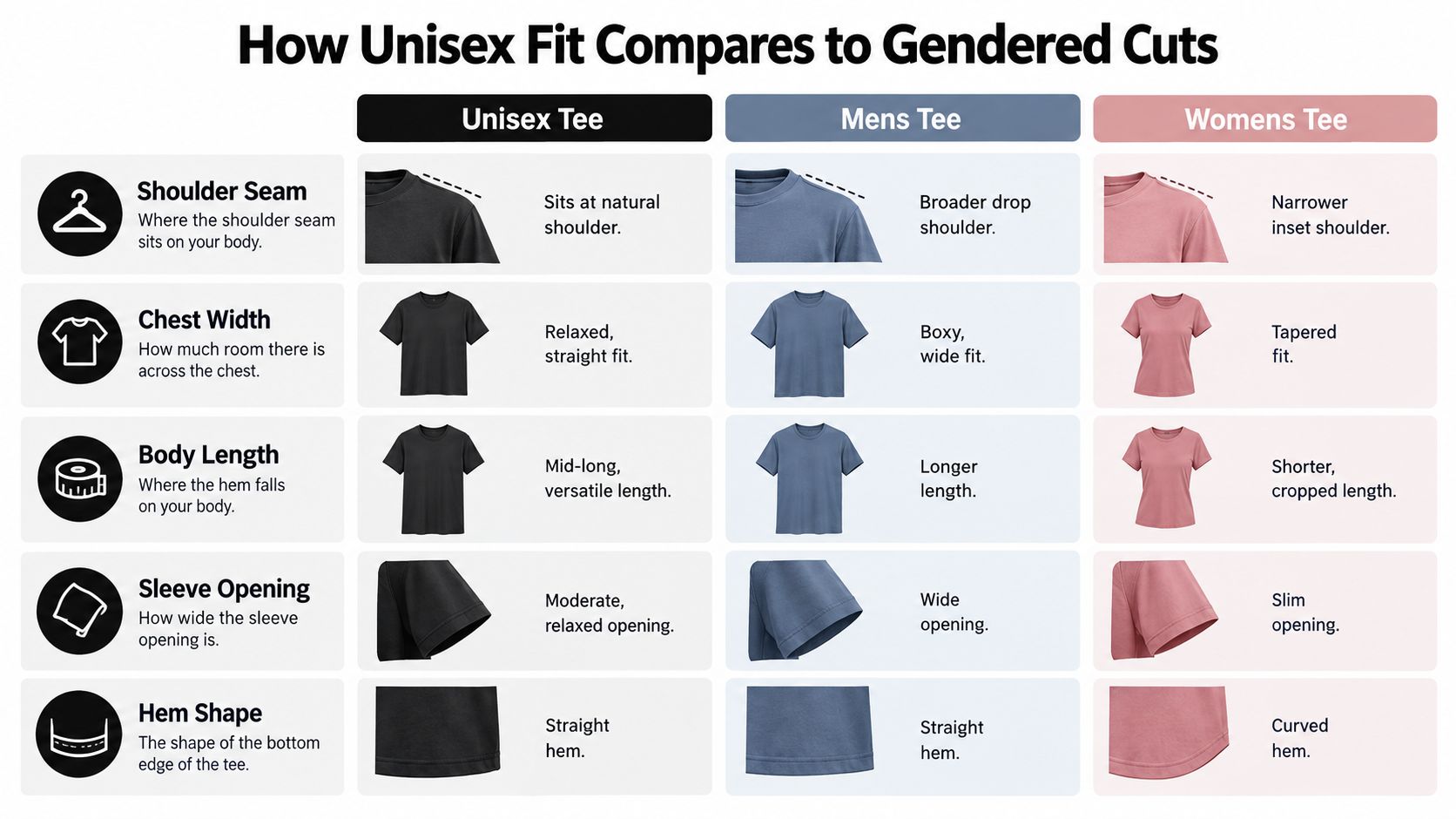 A comparison chart showing differences in shoulder seam, chest width, length, sleeves, and hem between unisex, mens, and womens tees.