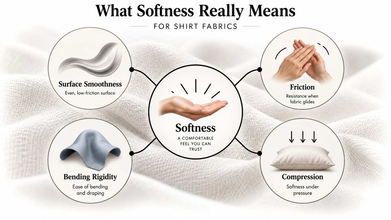 A diagram explaining the four key factors of fabric softness: surface smoothness, friction, bending rigidity, and compression.