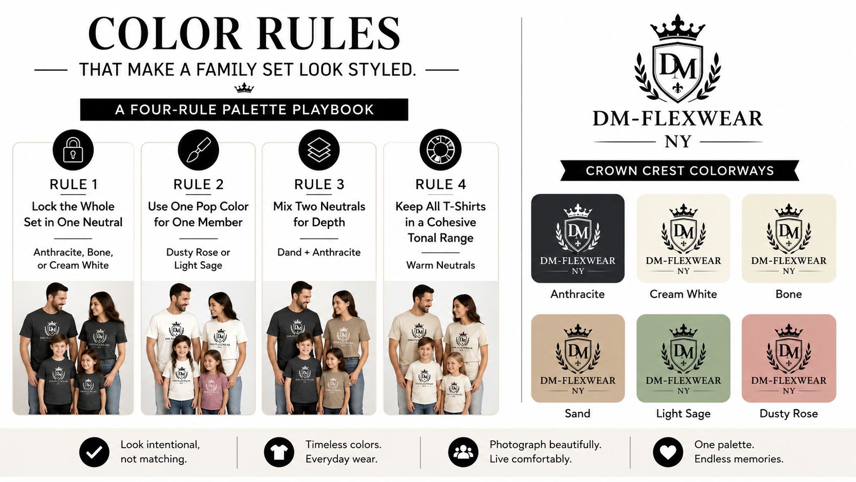 A color rule guide for styling matching family t-shirts featuring four design rules and colorway options.