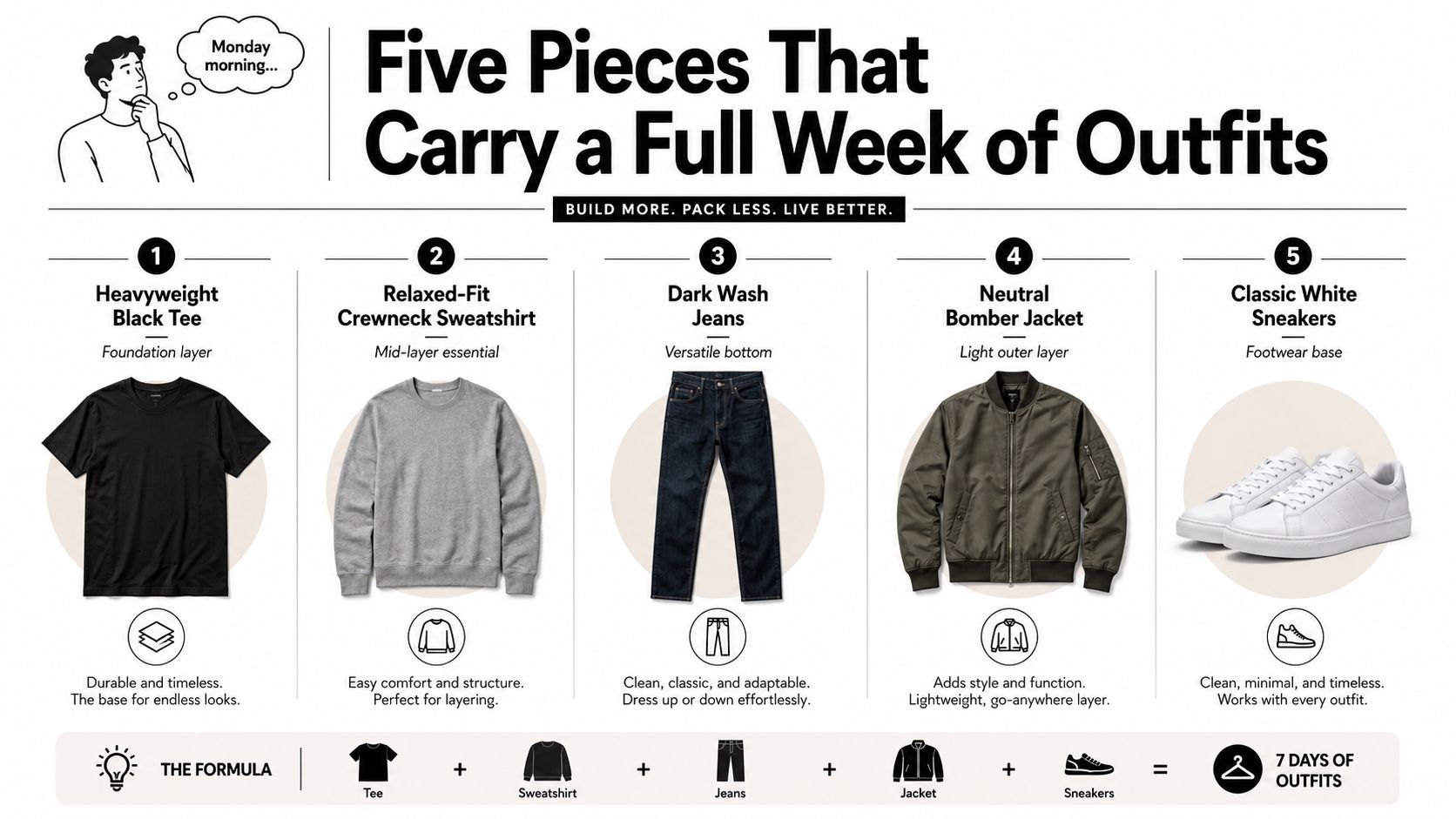 A menswear fashion infographic showing five essential items to build a versatile wardrobe for the week.