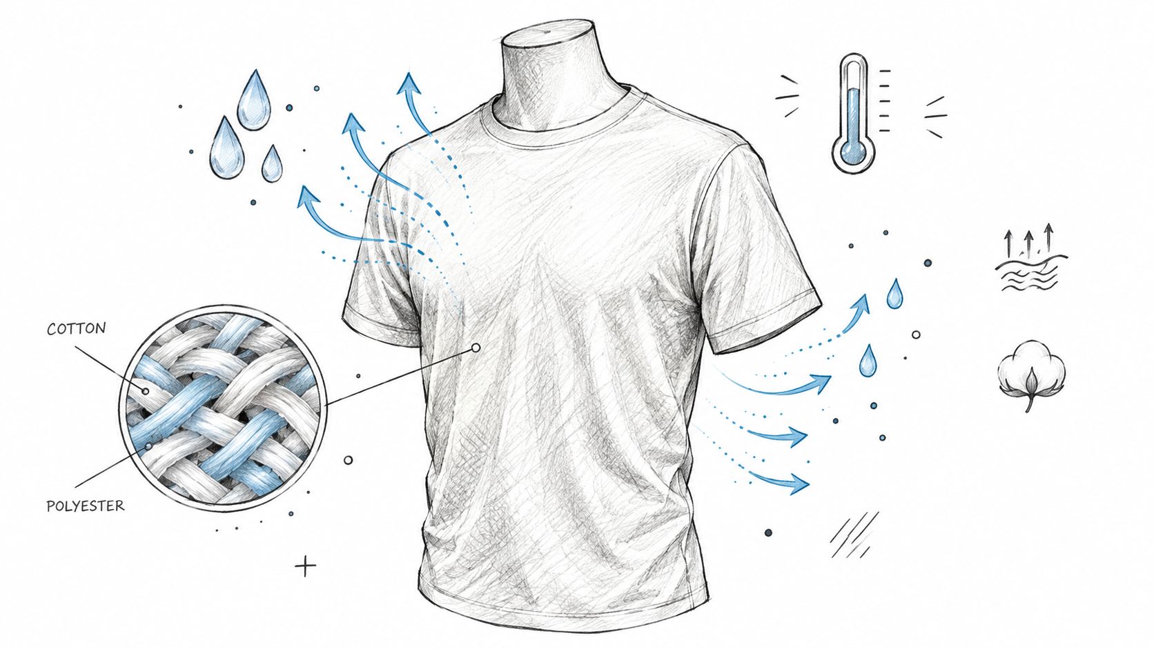 A sketched illustration of a 50/50 cotton polyester blend t-shirt highlighting moisture-wicking and cooling properties.