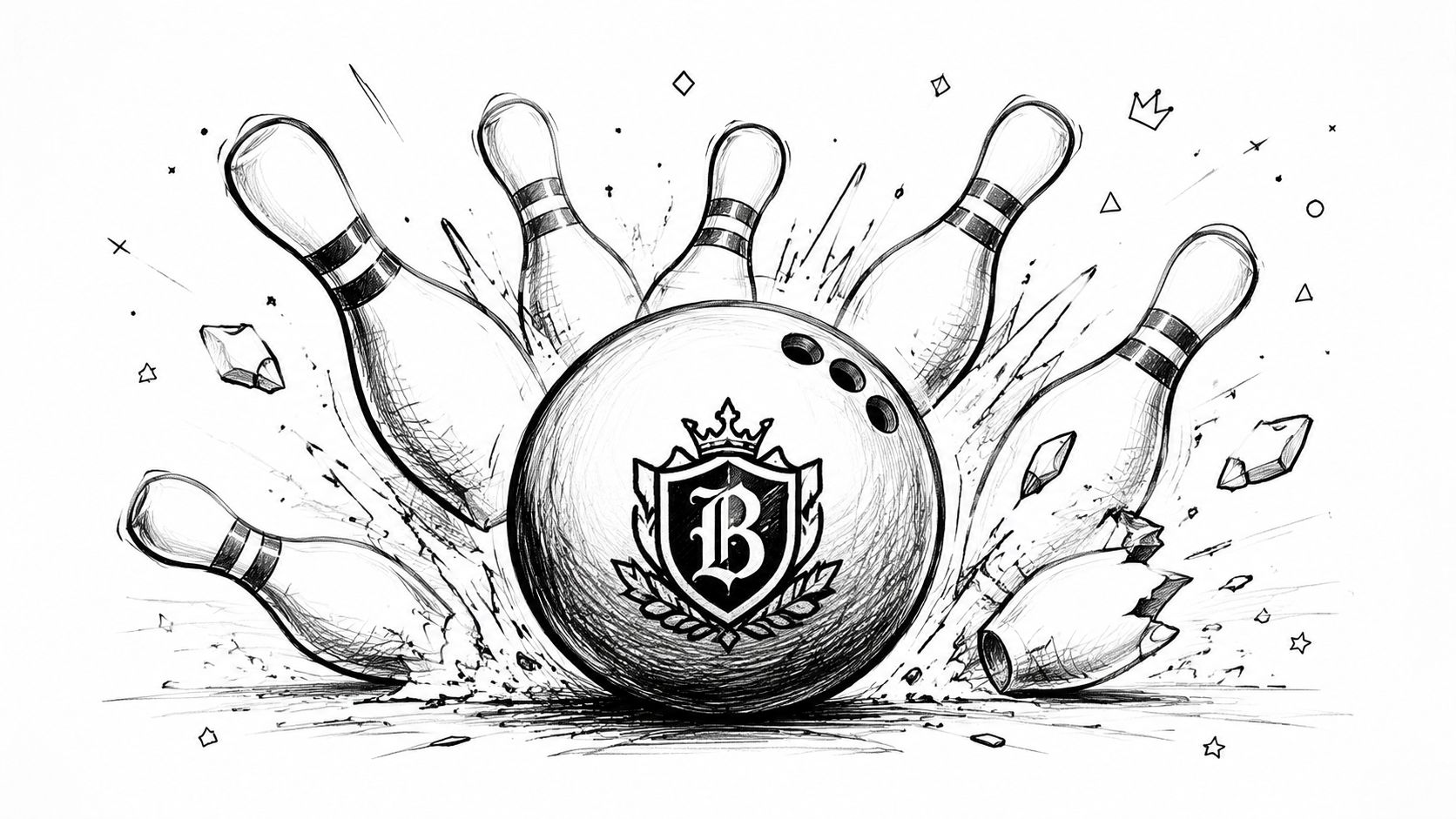 A hand-drawn sketch of a bowling ball striking several pins, showcasing a crest with the letter B.