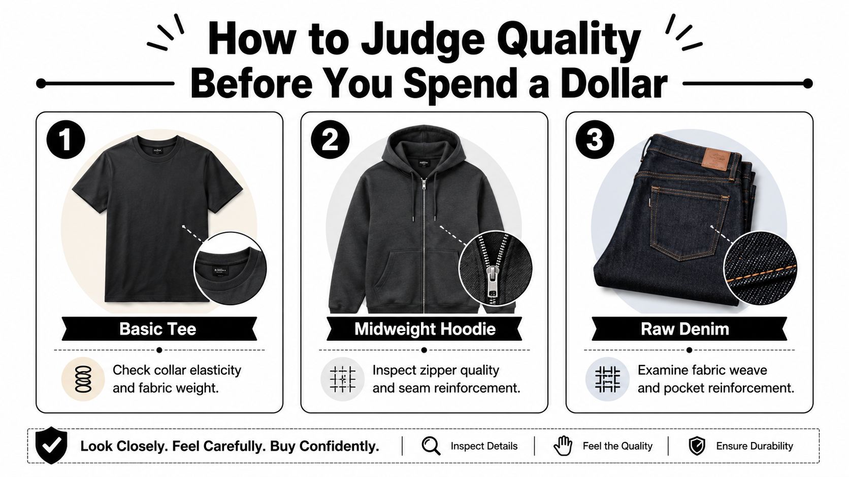 An infographic titled How to Judge Quality Before You Spend a Dollar displaying quality assessment tips for clothing.