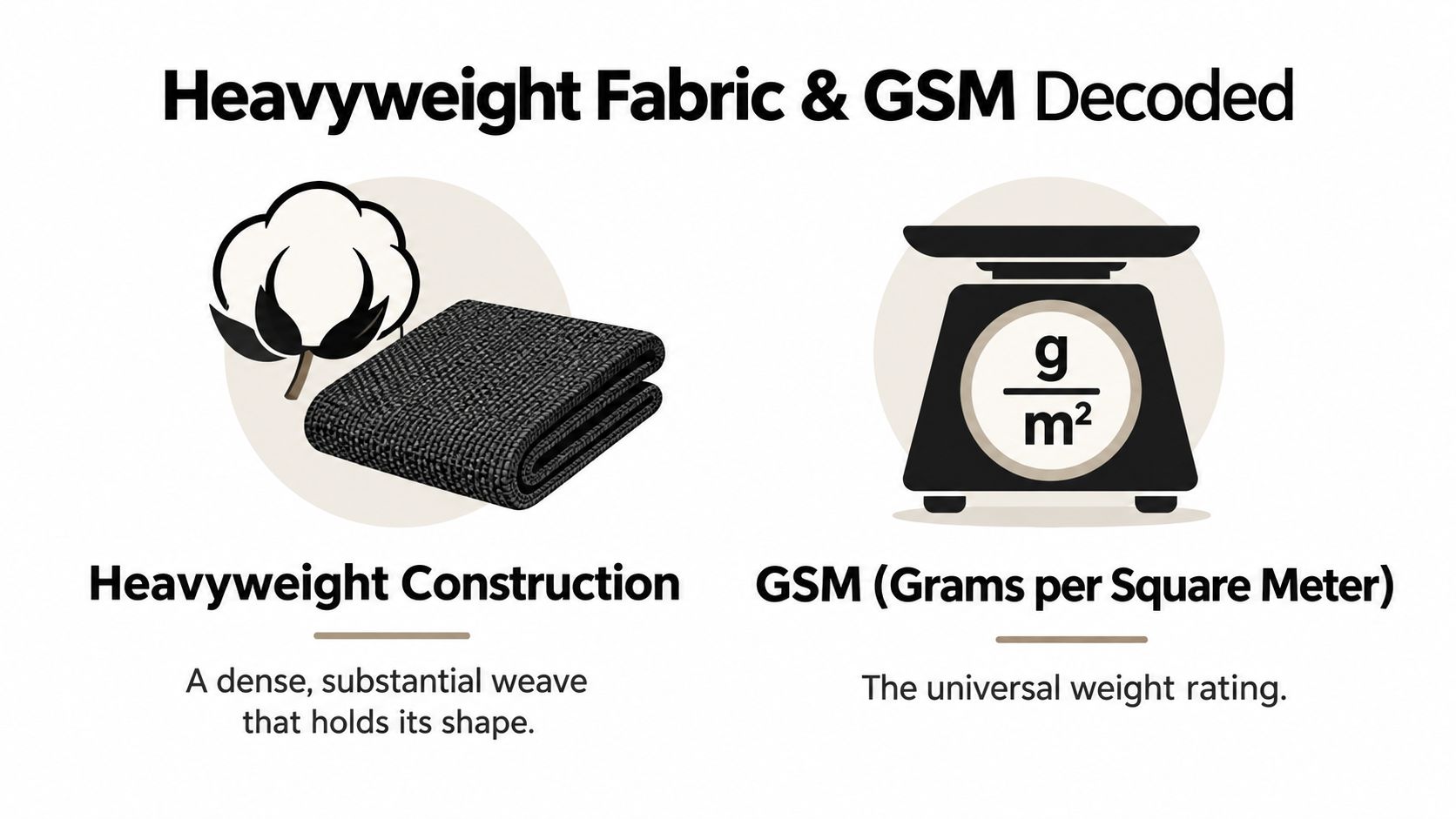 An infographic explaining heavyweight fabric construction and GSM, meaning grams per square meter, as a weight rating.