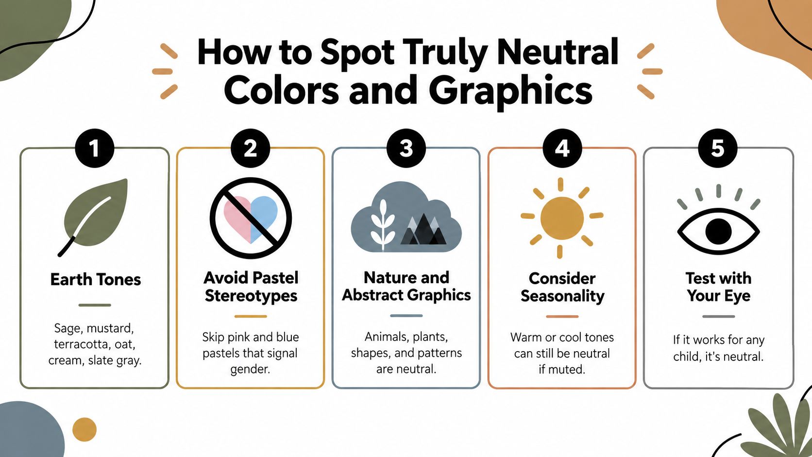 An infographic titled How to Spot Truly Neutral Colors and Graphics listing five helpful design tips.