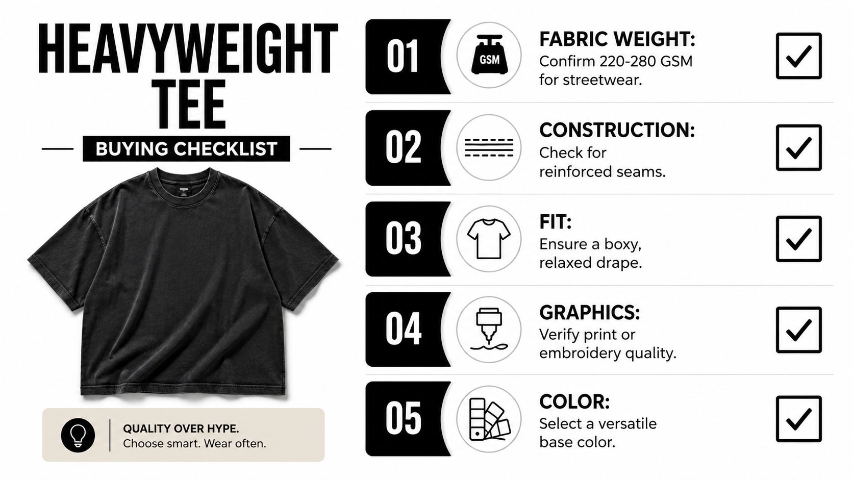 A professional infographic checklist for buying a high-quality, durable heavyweight t-shirt for streetwear fashion.