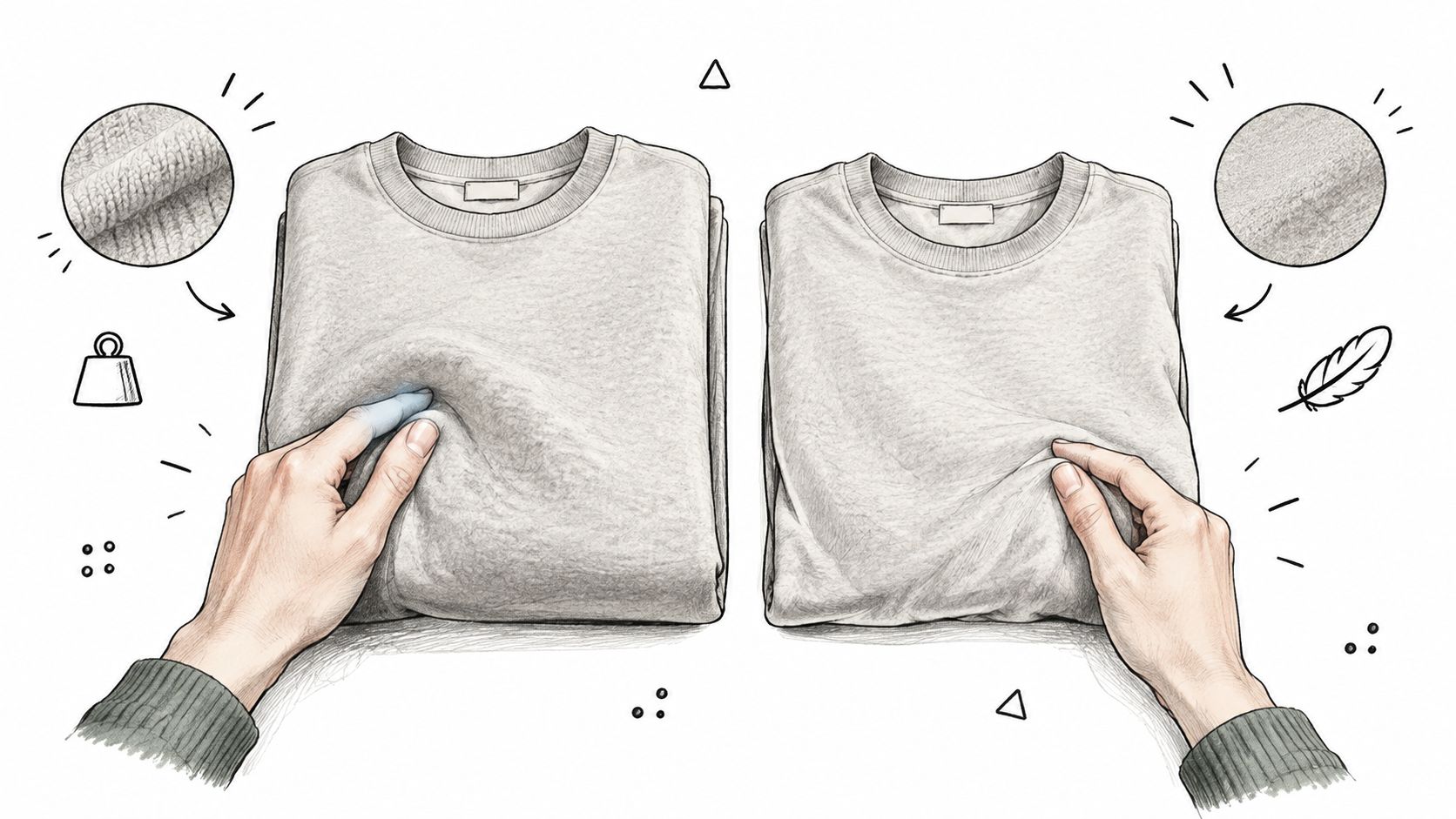 Hands comparing the fabric texture and weight of two different grey crewneck sweatshirts on a white background.