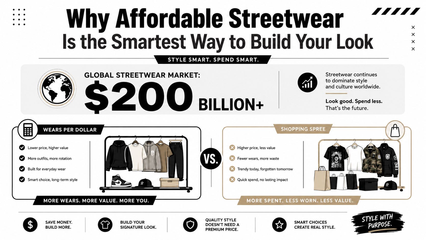 An infographic titled Why Affordable Streetwear Is the Smartest Way to Build Your Look comparing value versus waste.