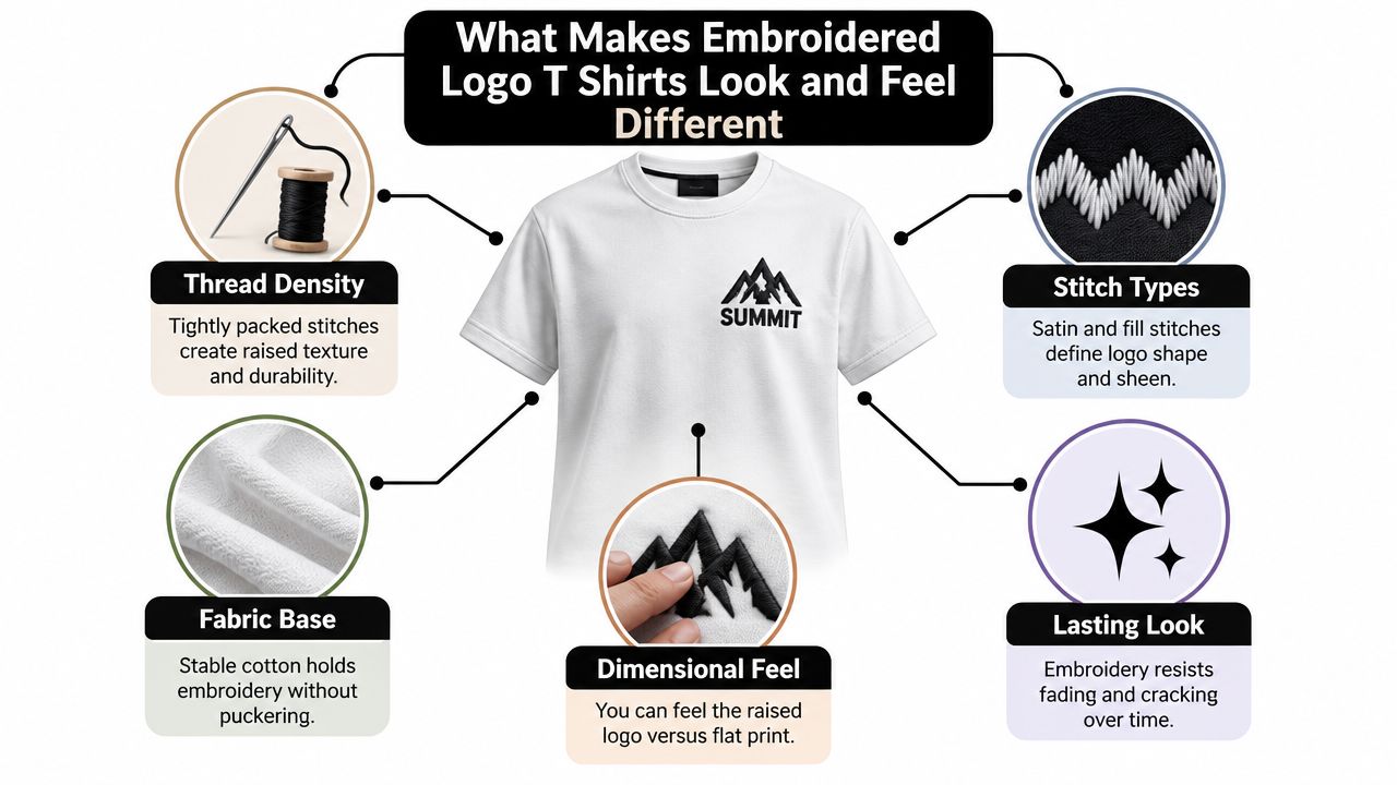 An infographic showing factors that influence the appearance and feel of custom embroidered logo t shirts.