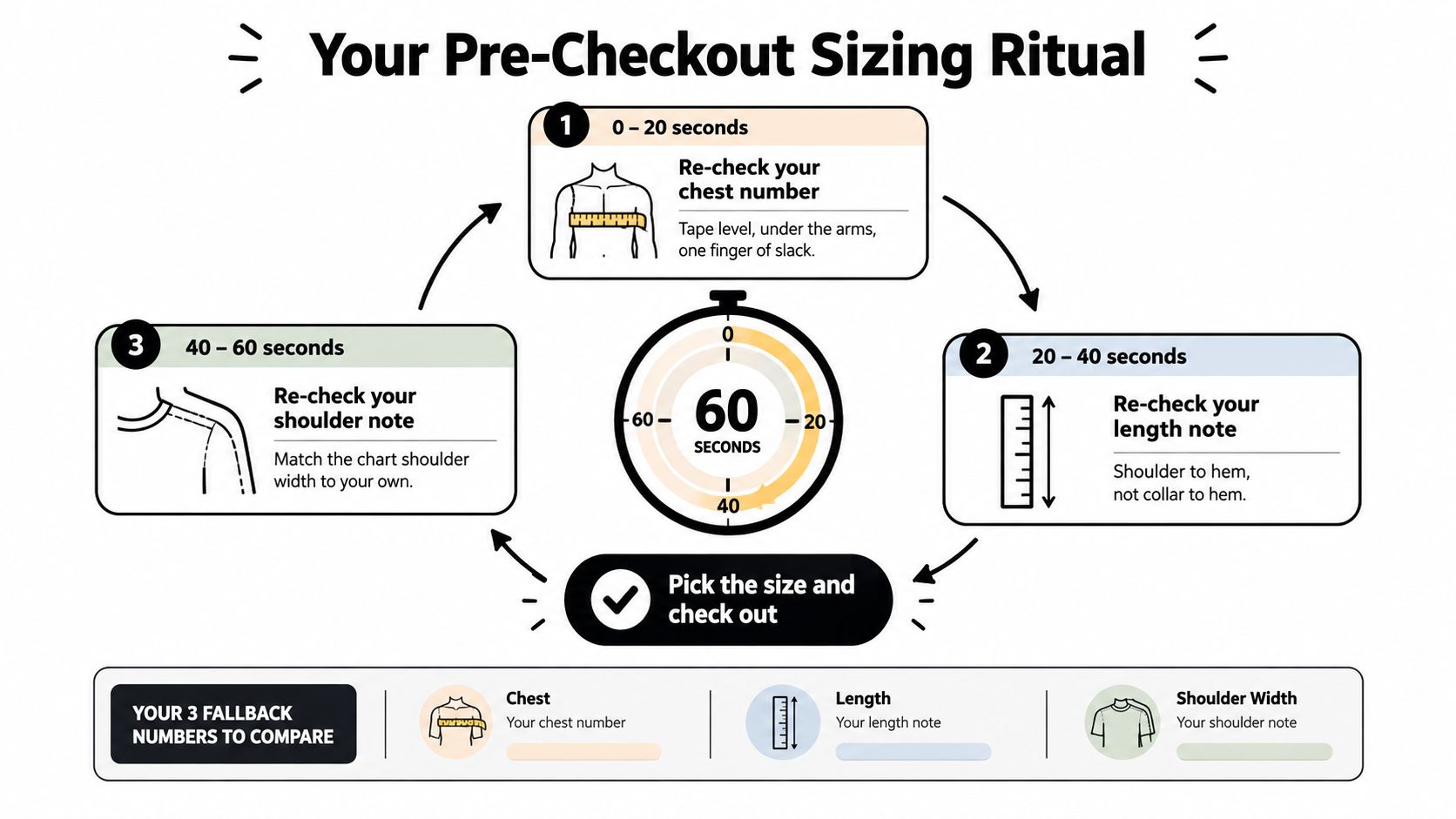An infographic illustrating a sixty-second ritual for measuring chest, length, and shoulder width before ordering apparel.