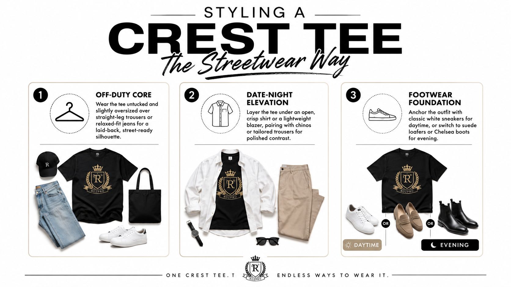 An infographic showing three ways to style a black logo graphic t-shirt for different occasions.