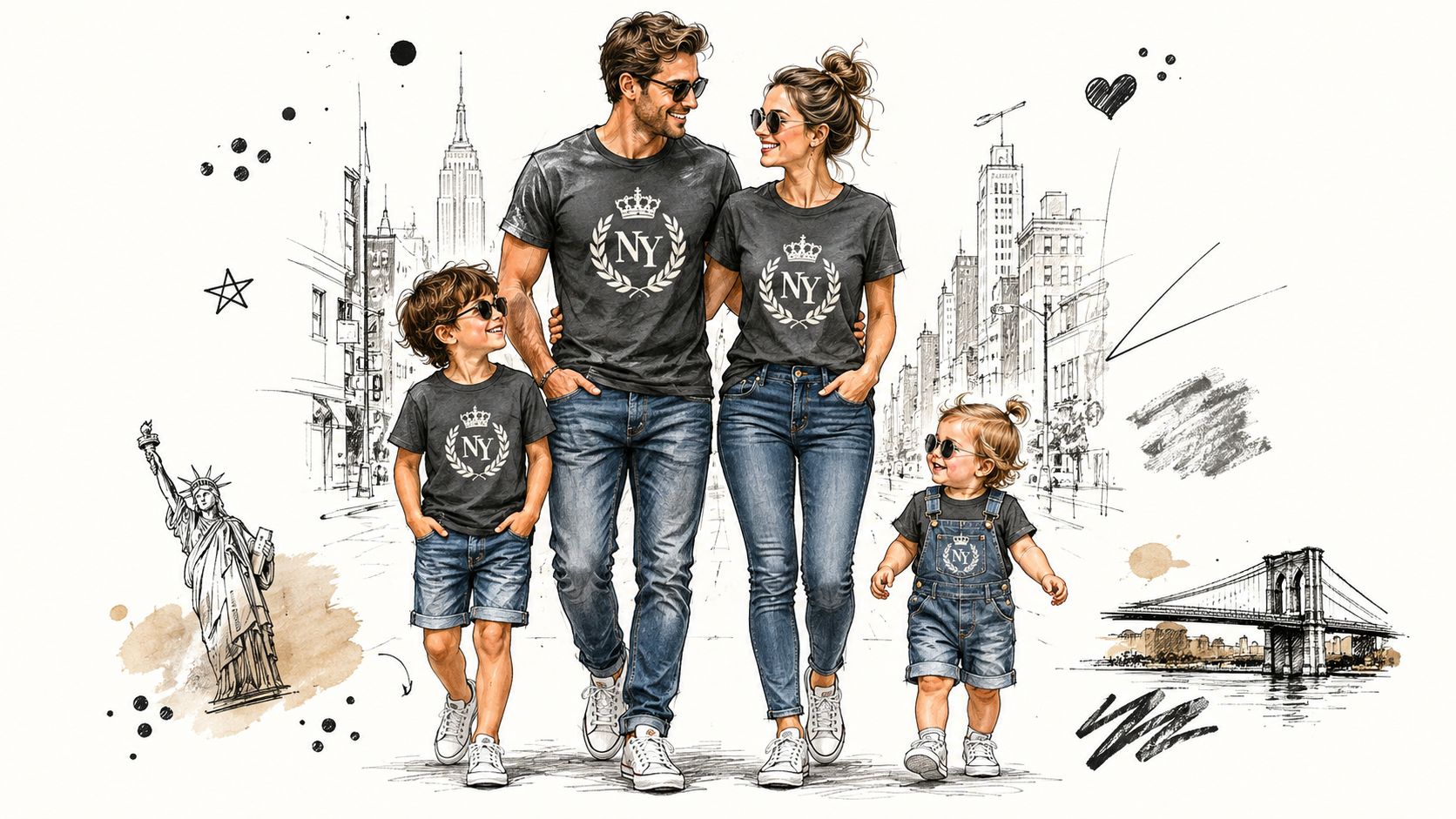 A happy family of four wearing matching NY t-shirts walking together in a stylized New York city scene.