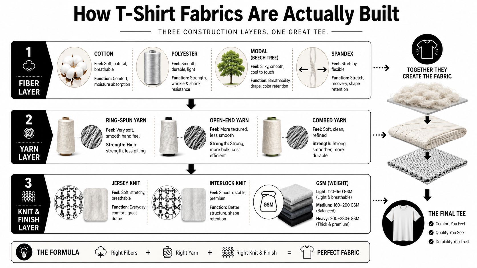 An infographic detailing the three manufacturing layers of t-shirt fabrics, starting from fibers to yarn and knitting.