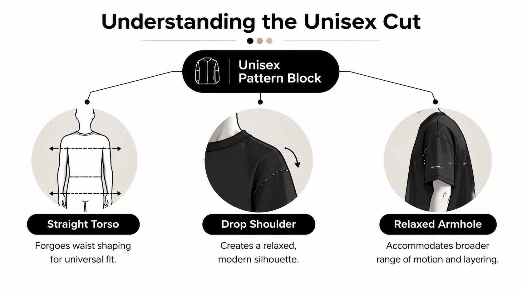 An infographic titled Understanding the Unisex Cut showing a straight torso, drop shoulder, and relaxed armhole.