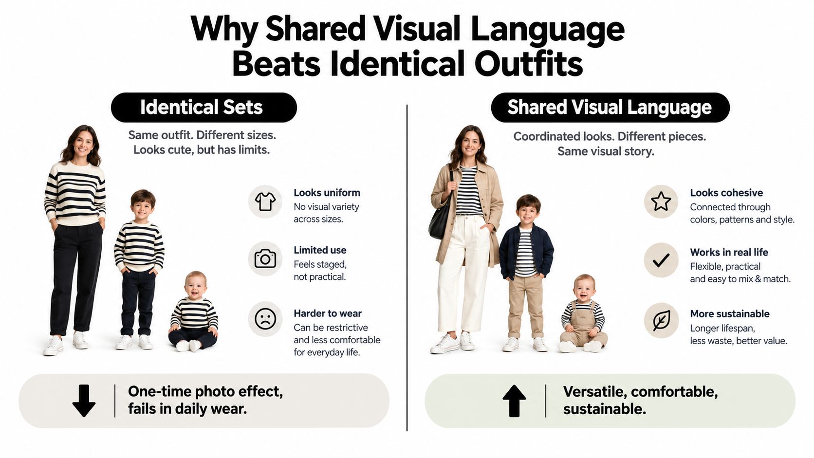 A comparative infographic explaining why shared visual language is better for family matching outfits than identical sets.