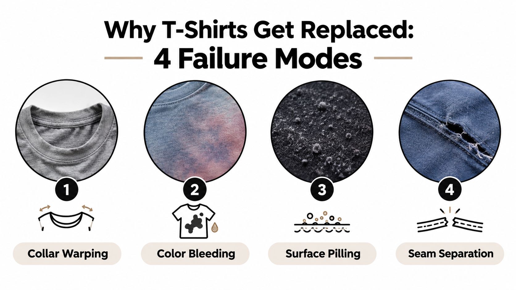 An infographic detailing four common reasons why t-shirts are replaced, including collar warping, color bleeding, surface pilling, and seam separation.