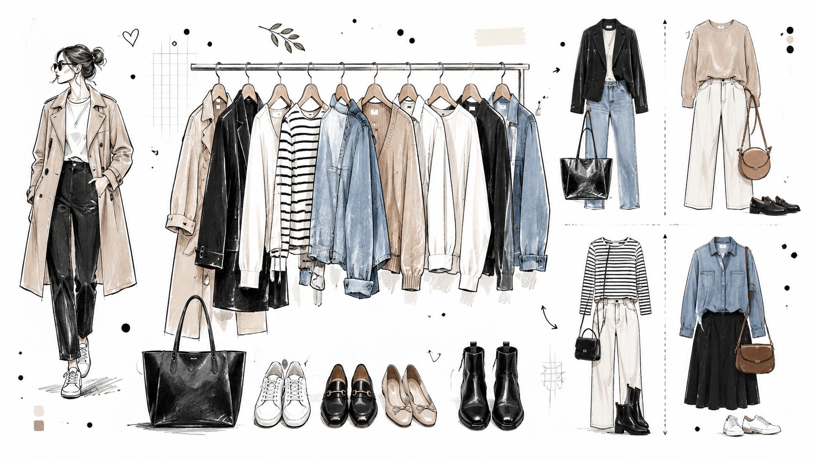 A fashion illustration featuring clothing items on hangers, shoes, handbags, and a model wearing an outfit.