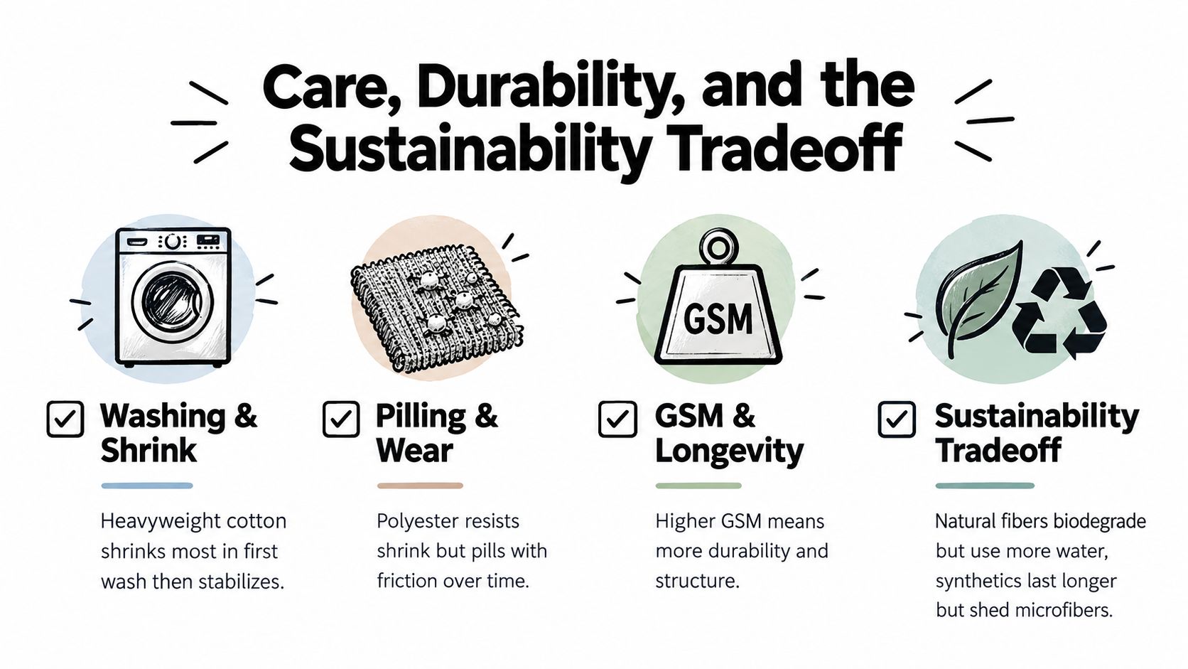 An infographic showing factors affecting the care, durability, and sustainability trade-offs of different fabric materials.