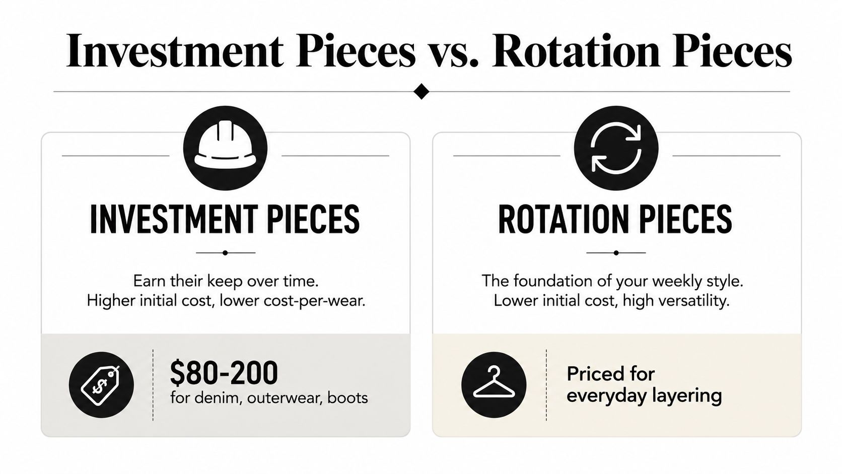 A comparison chart explaining the difference between Investment Pieces and Rotation Pieces for a clothing wardrobe.