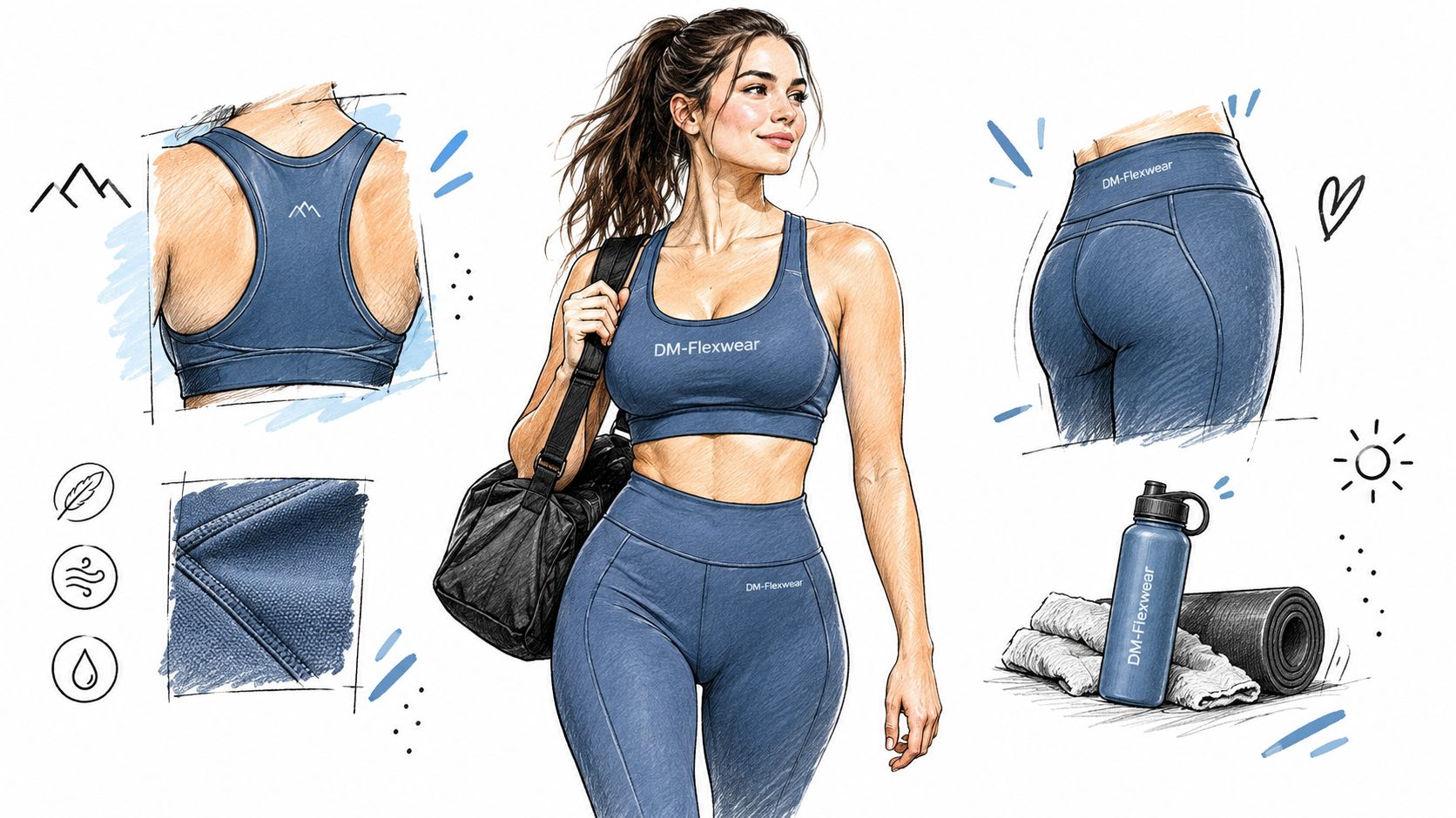A fitness woman wearing blue DM-Flexwear matching athletic apparel with yoga accessories and workout gear.