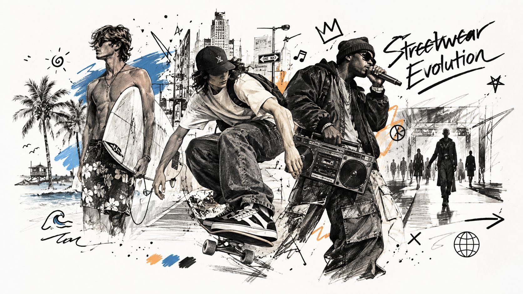 An artistic illustration depicting the evolution of casual streetwear through a surfer, a skater, and a rapper.