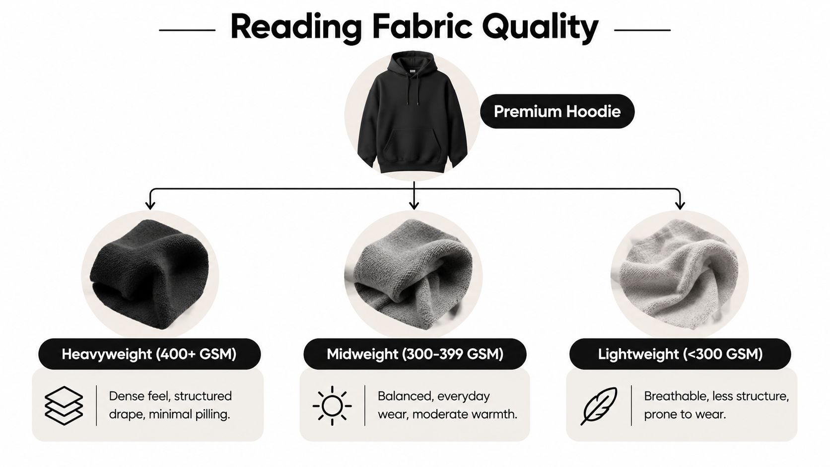 An infographic showing fabric quality categories for premium hoodies, comparing heavyweight, midweight, and lightweight cotton materials.