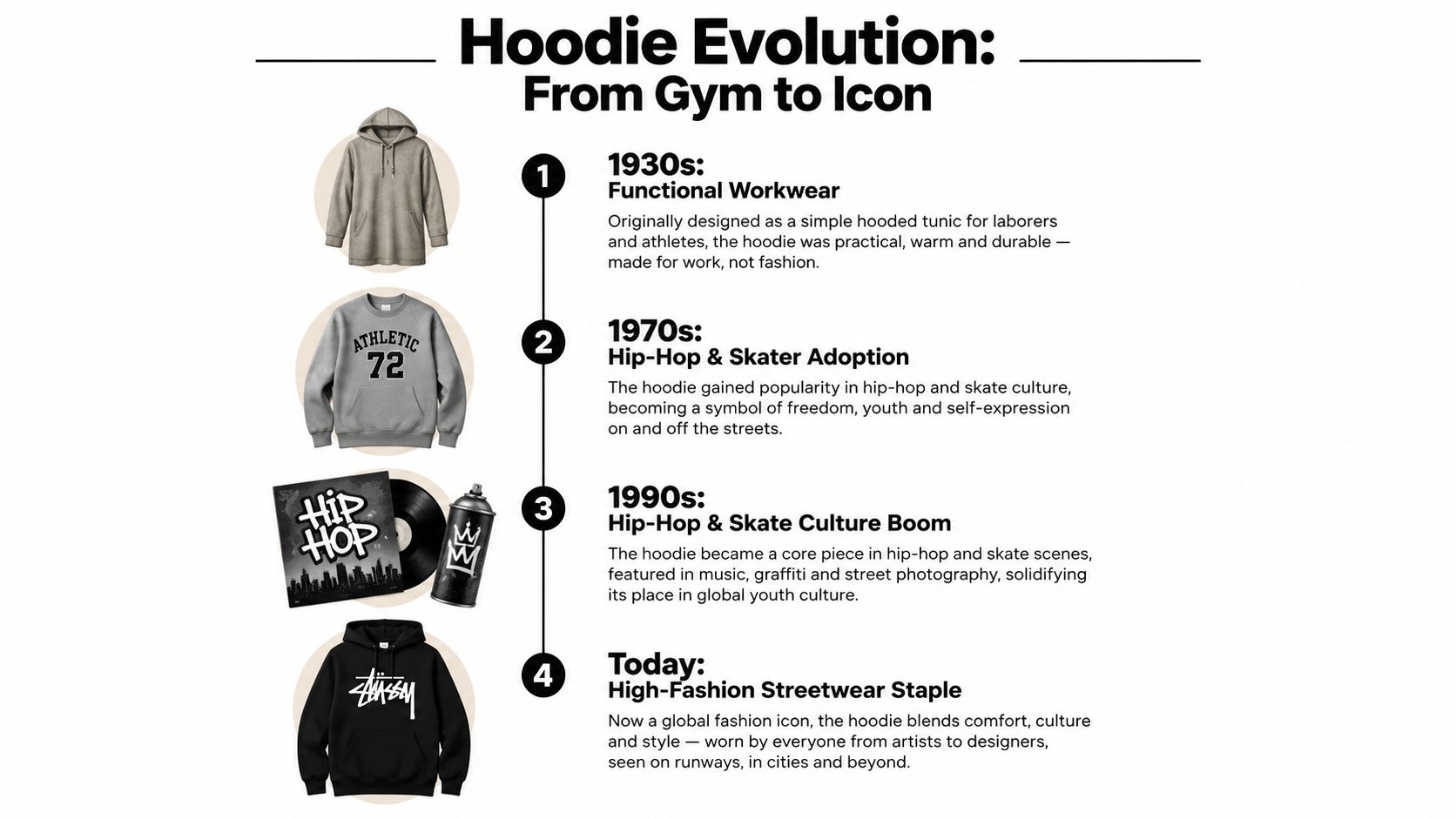 A timeline graphic showing the evolution of the hooded sweatshirt from 1930s workwear to a modern fashion staple.