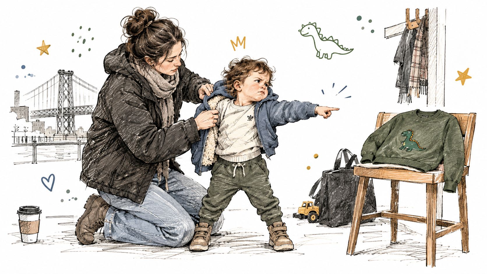 A mother helping her toddler son get dressed as he points at a green dinosaur sweater.
