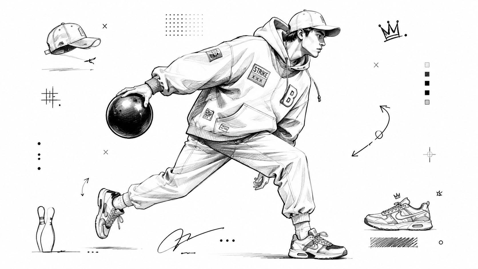 A detailed black and white sketch of a stylish young man in a hoodie bowling.