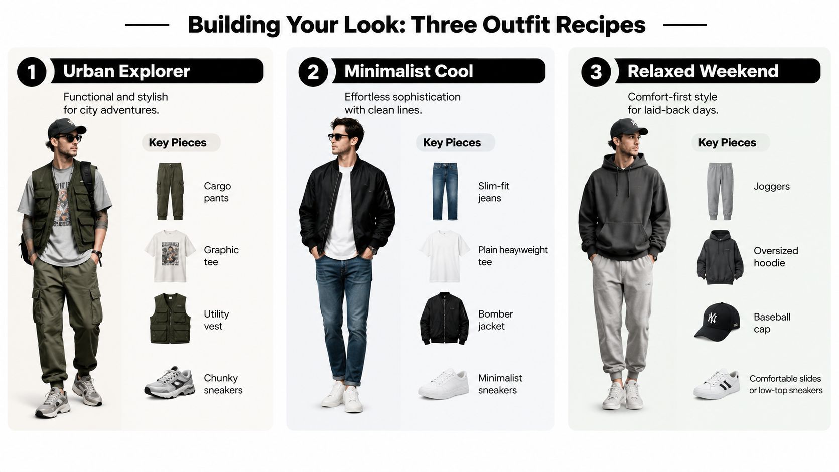 An infographic displaying three stylish men's casual outfit recipes with labeled key clothing items for each look.