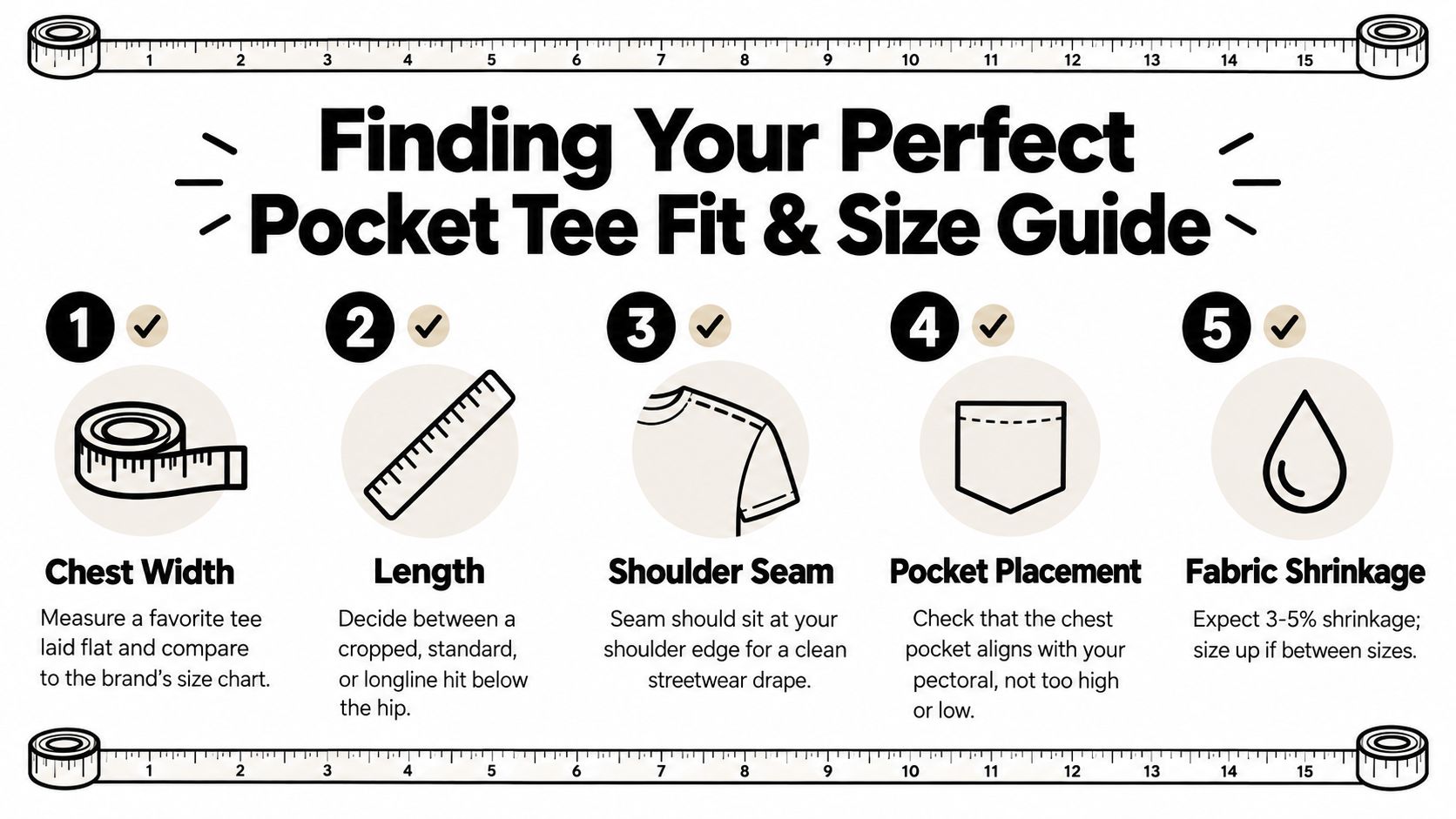 A 5-step instructional guide on finding the perfect fit and size for pocket t-shirts.