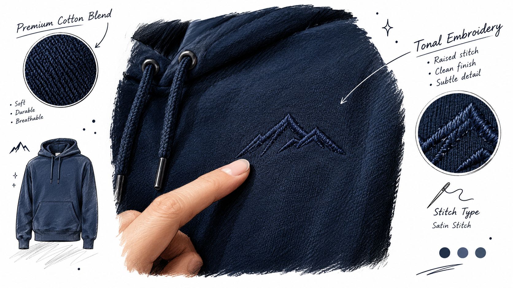 A close-up view of a dark blue premium cotton hoodie with detailed tonal mountain embroidery design.