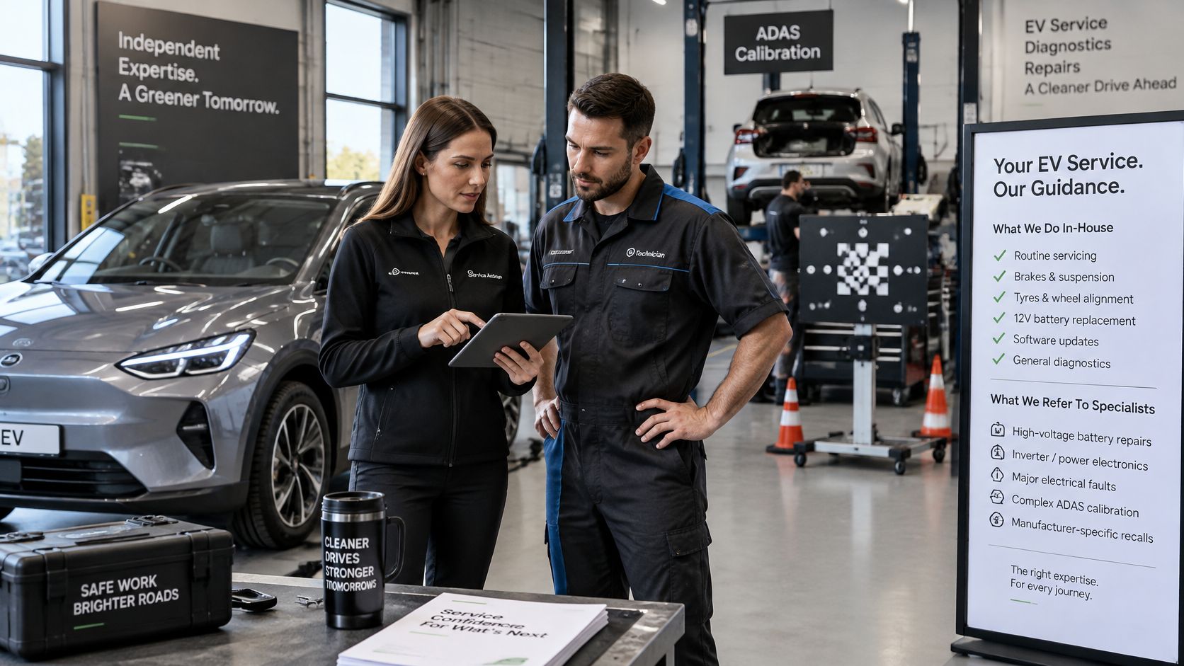 A professional service advisor showing a digital tablet to a technician in an electric vehicle repair shop.