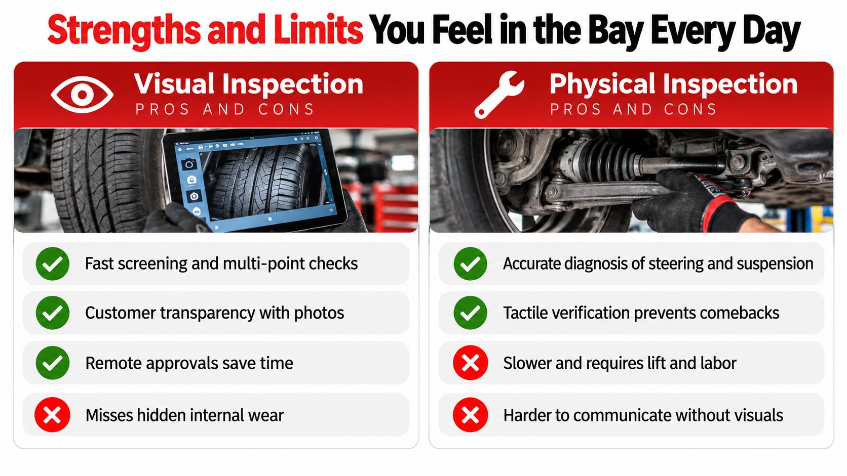 A comparison chart showing the pros and cons of visual versus physical vehicle inspections in a repair shop.