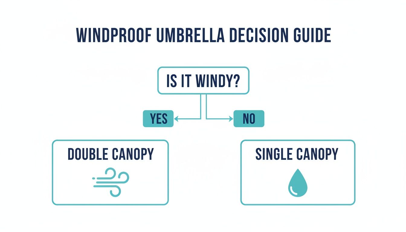 A windproof umbrella decision guide flowchart. If it's windy, choose a double canopy; otherwise, choose a single canopy.