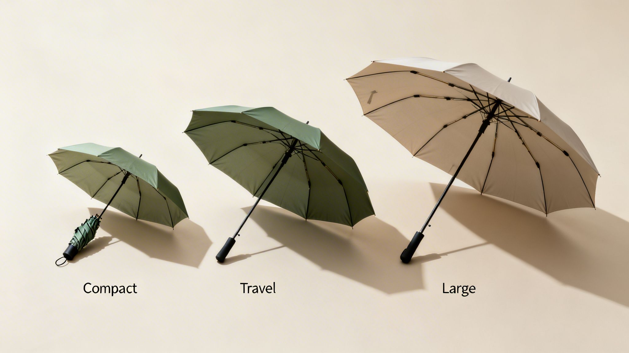 Three open umbrellas in different sizes: compact green, travel green, and large beige, on a light background.