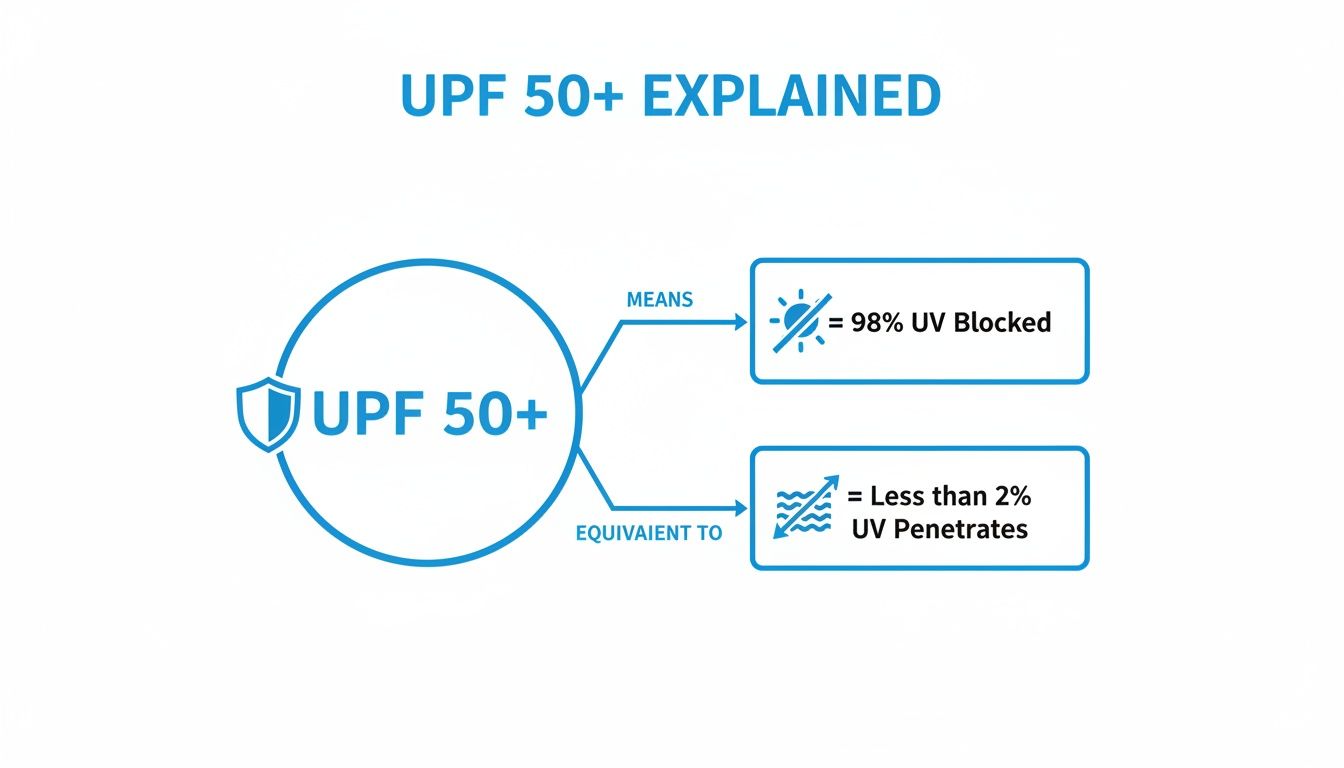 Infographic explaining UPF 50+ protection, indicating it blocks 98% of UV and allows less than 2% UV penetration.