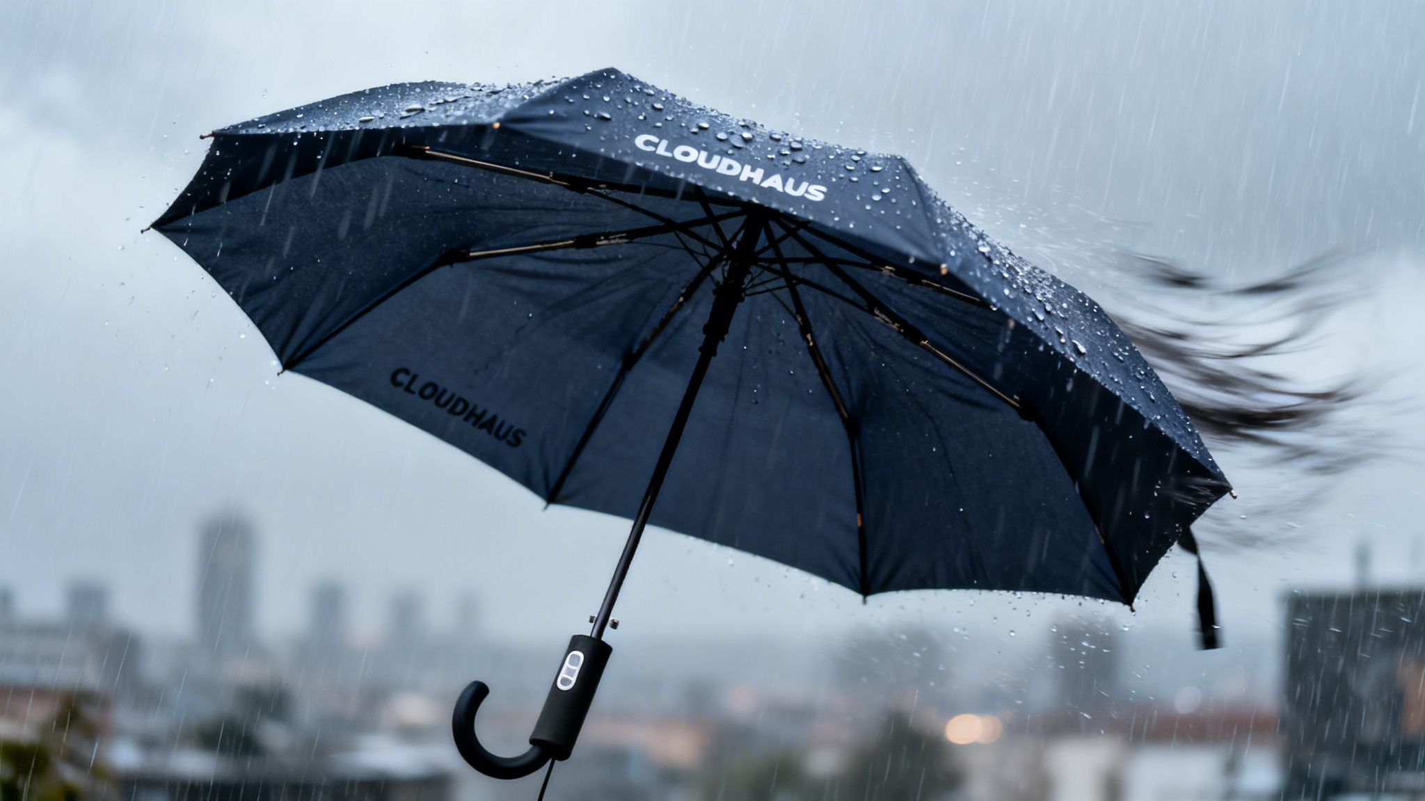 A black Cloudhaus umbrella open in heavy rain with water droplets, showing a blurry city background.