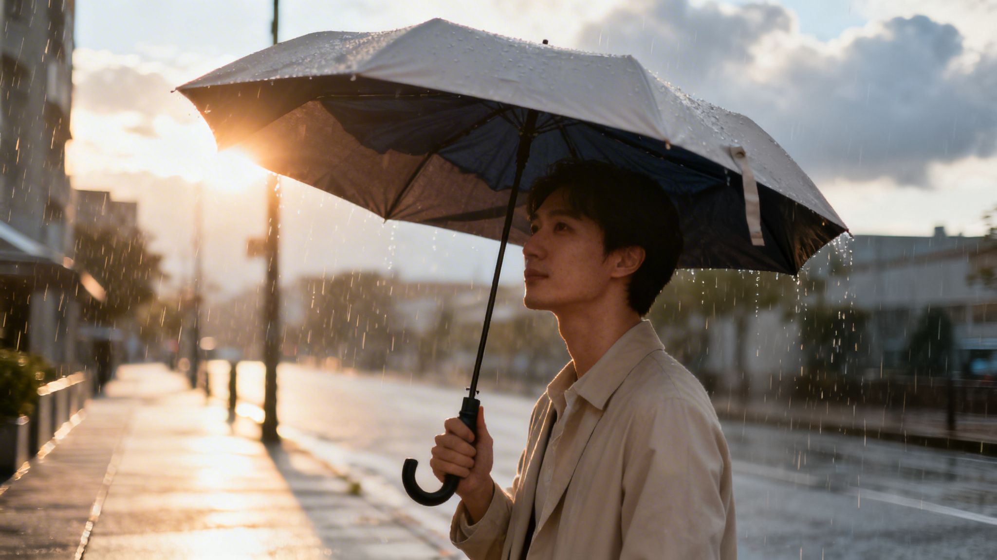 Young man holds a rain-soaked umbrella at sunset, with a warm glow and city street.