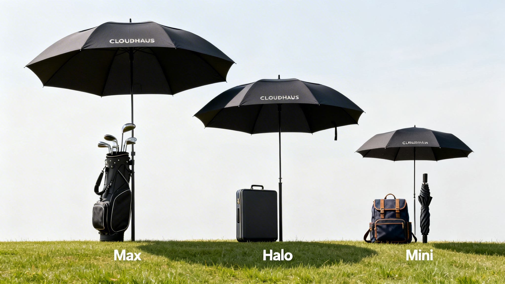 Three Cloudhaus golf umbrellas (Max, Halo, Mini) with a golf bag, suitcase, and backpack on grass.