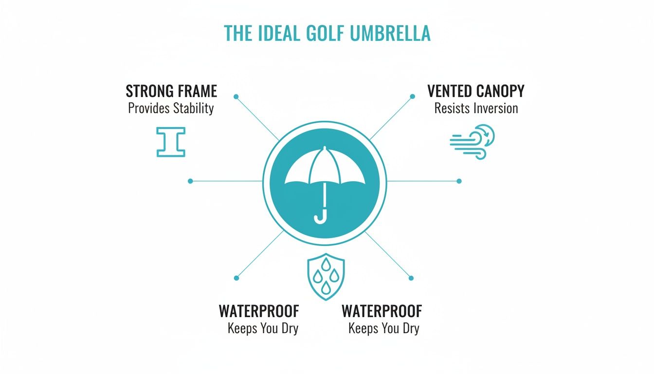 An infographic detailing the features of an ideal golf umbrella: strong frame, vented canopy, and waterproof material.