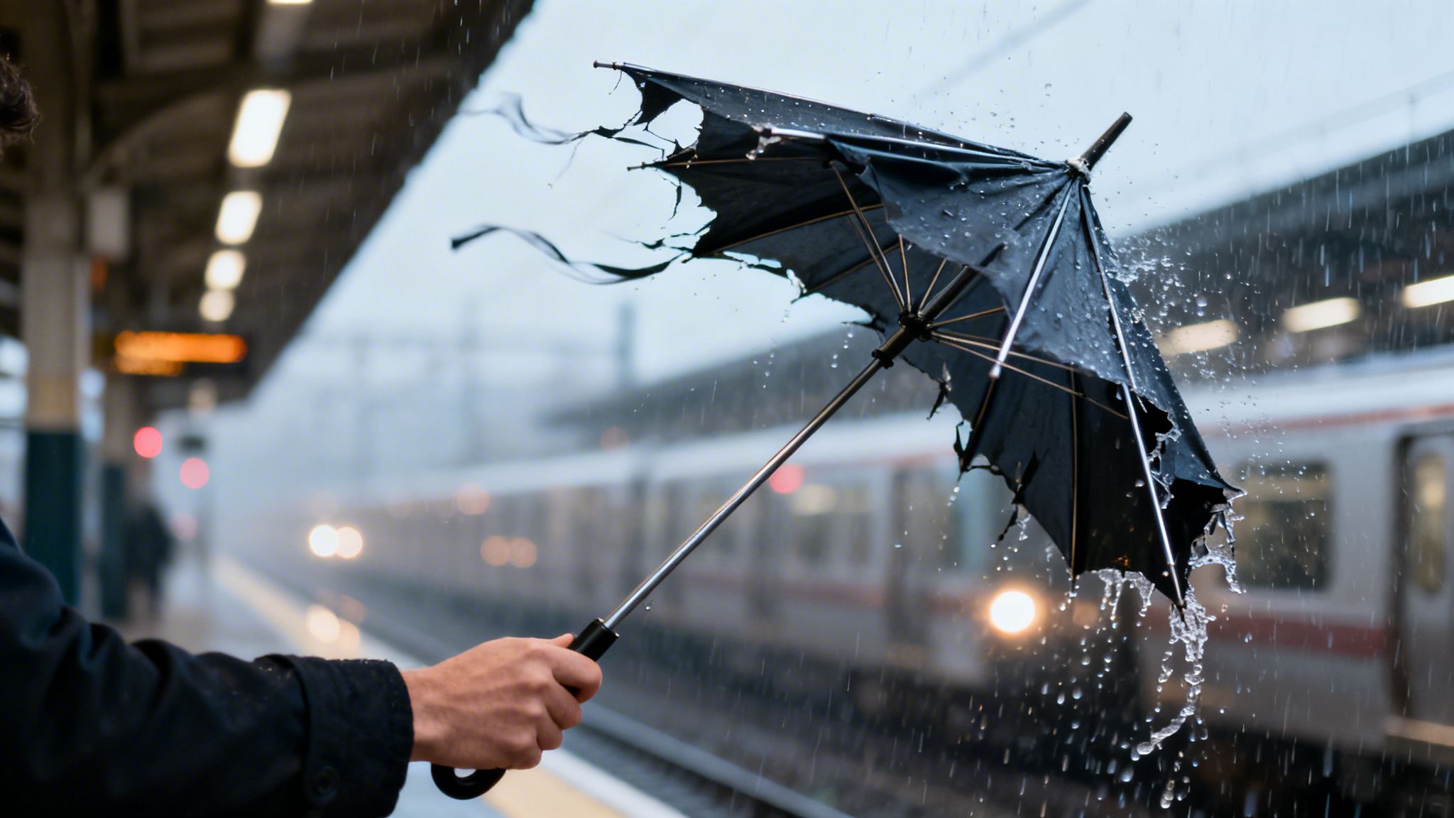 A person struggles with a broken black umbrella in heavy rain at a train station as a train approaches.