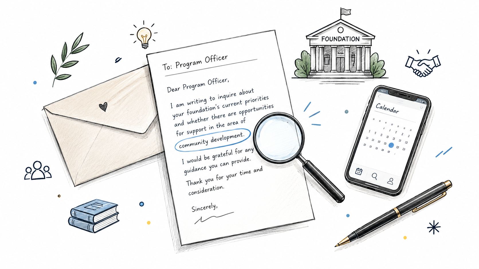 A hand-drawn illustration showing a formal letter of inquiry, magnifying glass, foundation building, calendar, and pen.