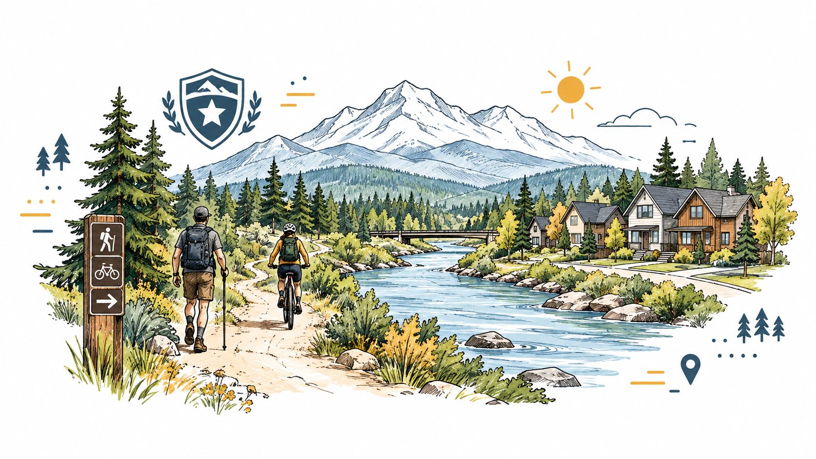 A hiker and a cyclist travel along a scenic trail near a river and mountain homes.